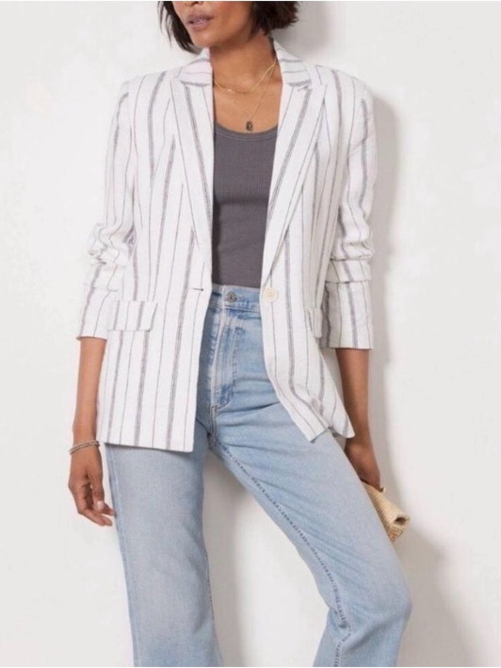 EVEREVE KINLEY STRIPED BLAZER JACKET LINEN BLEND SINGLE BUTTON PREPPY SZ SMALL